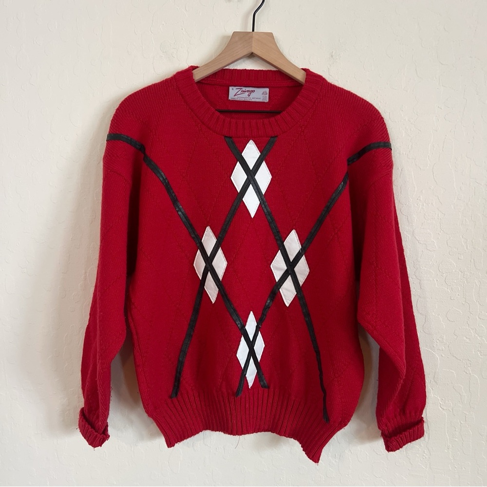 Zhivago Vibrant Red Argyle Crewneck Sweater